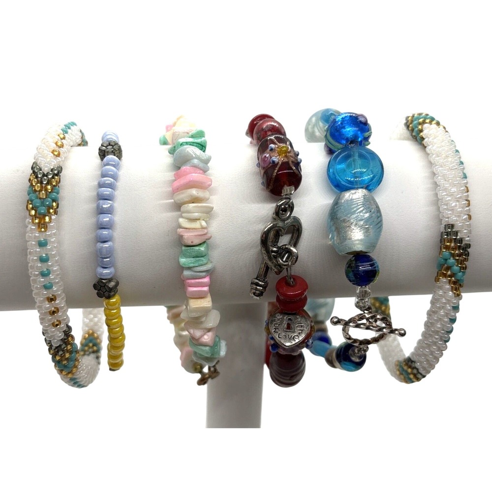 Vintage‎ Lot of 6 Beaded Bracelet Art Glass Seed Bead Shell Flower Heart Stretch